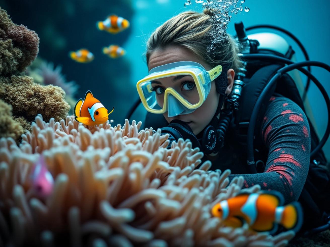 Artificial image of a female diver and clownfish