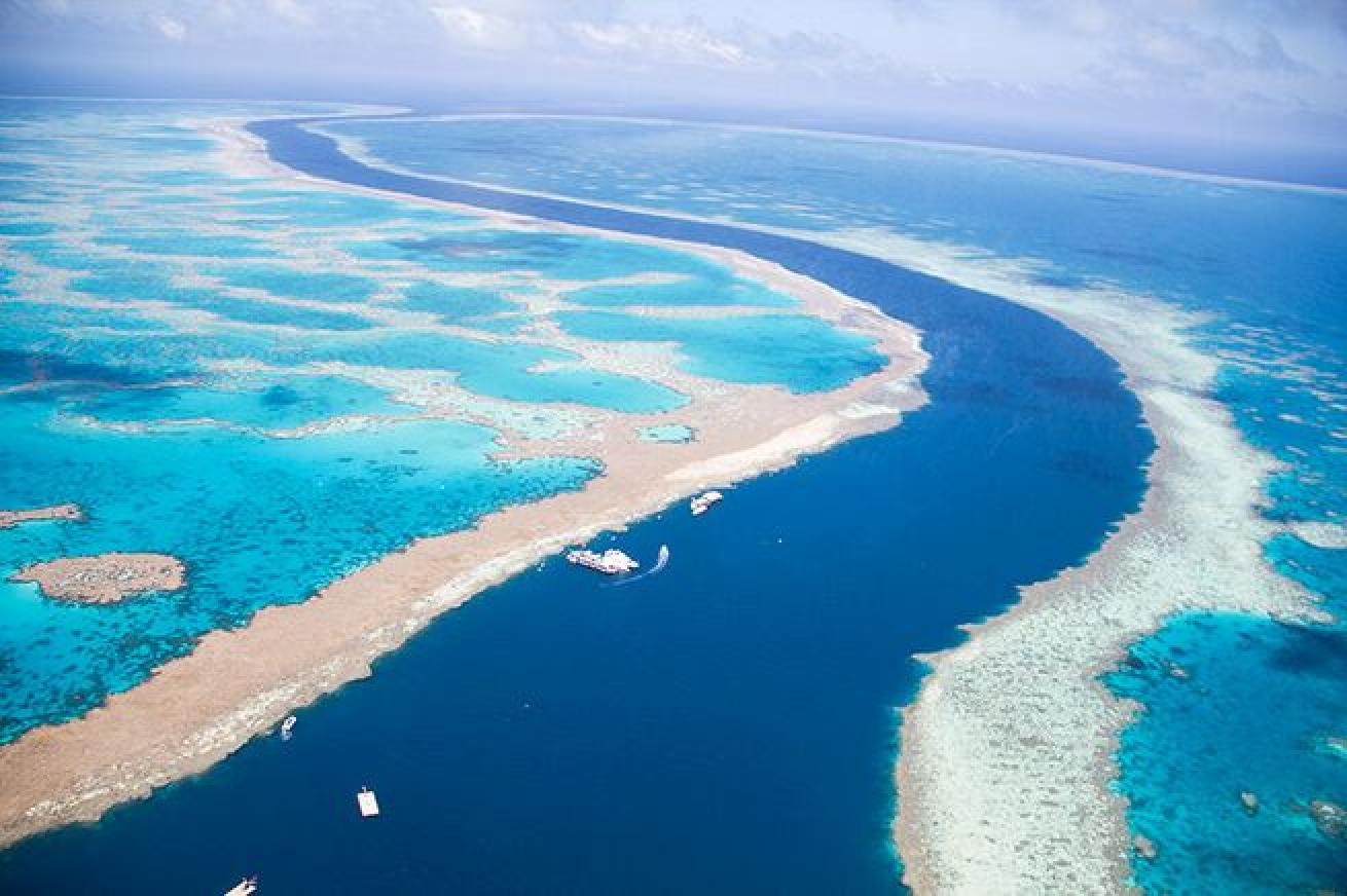 An aerial view of the Great Barrier Reef.